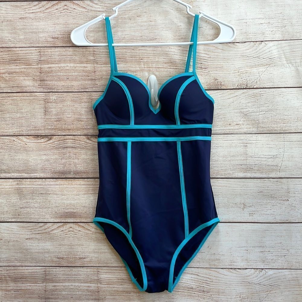 SPANX SWEETHEART SHAPING ONE PIECE SWIMSUIT IN NAVY BLUE AND TEAL